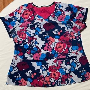 Healing Hands Premier Scrub Top- Blue/pink Floral Peplum